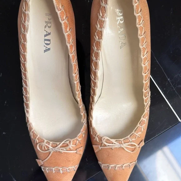 Prada | Shoes | Prada Tan Heeled Pumps With Bow Detail  display picture 1